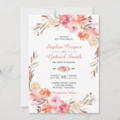 パステルピンクの桃の花とバラのフローラルウェディング招待状 招待状 (正面)