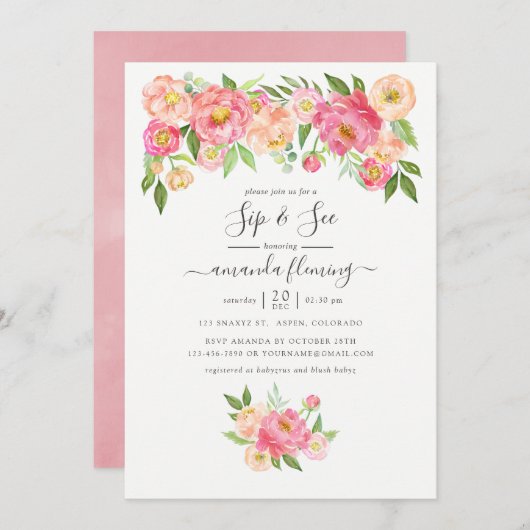 パステルピンクの水の色の牡丹Sipと参照 招待状 (正面/裏面)