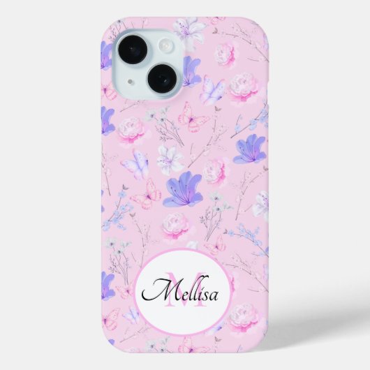 パステルピンクの水彩フラワーバタフライモノグラム Case-Mate iPhoneケース (裏面)