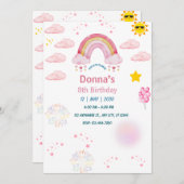 パステルピンクの水彩画のかわいい虹の小さな女の子 招待状 (正面/裏面)
