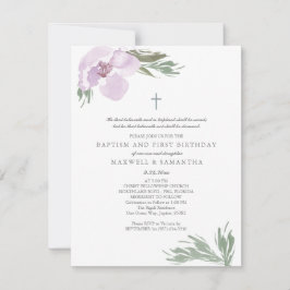 パステルピンクの水彩花の双子洗礼 招待状