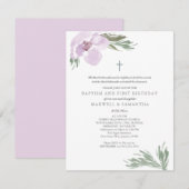 パステルピンクの水彩花の双子洗礼 招待状 (正面/裏面)