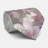 パステルピンクの花と蝶の模様 ネクタイ (ロール)