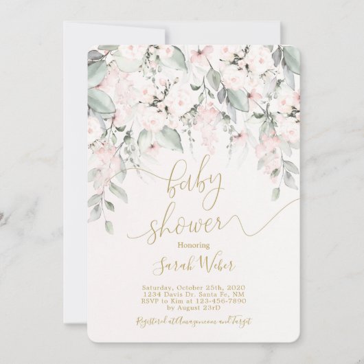 パステルピンクの花のベビーシャワーガール 招待状 (正面)