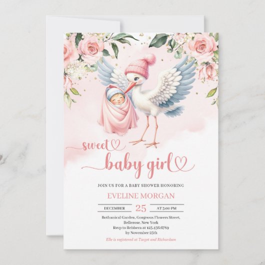 パステルピンクの花の仙人掌出産 赤ちゃん女の子 招待状 (正面)