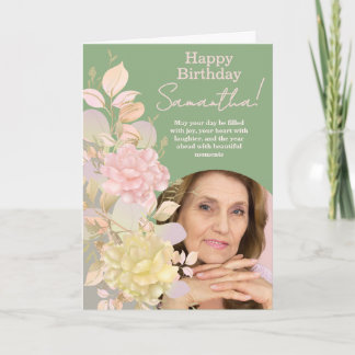 パステルピンクの花の写真入り誕生日グリーティング カード