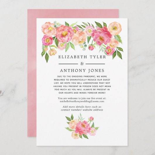 パステルピンクの花の結婚式 招待客リスト縮小のお知らせ 案内状 (正面/裏面)