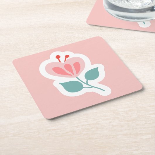 パステルピンクの花の花の漫画 スクエアペーパーコースター (アングル)