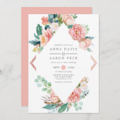 パステルピンクの花柄ダイヤモンドフレームの結婚式 招待状 (正面/裏面)