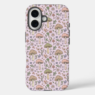 パステルピンクの菌類 カントリーテイストのシームレス パターン iPhone 16ケース