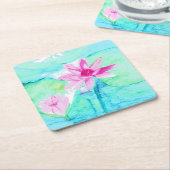 パステルピンクの蓮の花 水彩画 スクエアペーパーコースター (アングル)