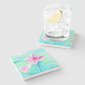 パステルピンクの蓮の花 水彩画 ストーンコースター (横)