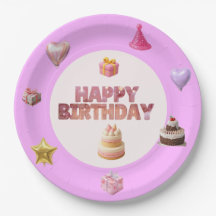 パステルピンクの誕生日テーマペーパープレート