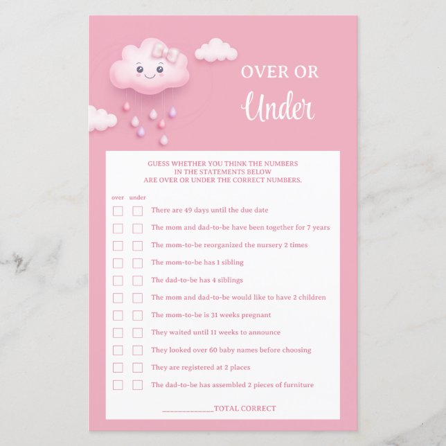 パステルピンクの雲9 9以上または下のベビーゲーム (正面)