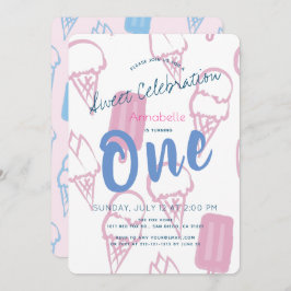 パステルピンクアイスクリームガール1st誕生日 招待状