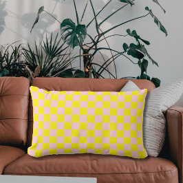 パステルピンクイエローチェッ市松模様にカーボードヴィンテージ ランバークッション