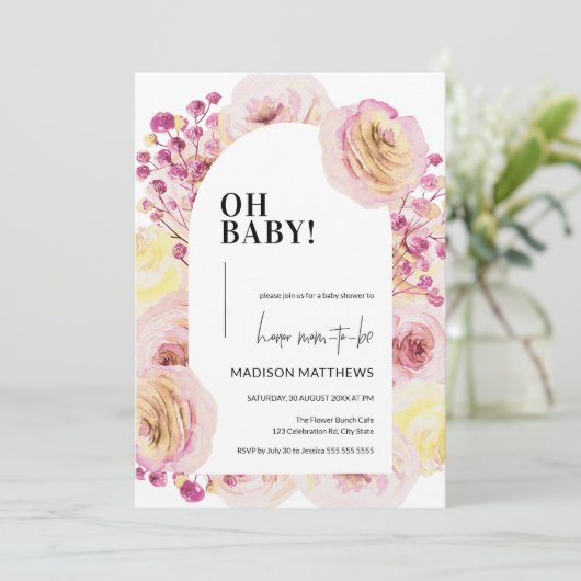 パステルピンクイエローフローラベビーガールベビーシャワー 招待状 (スタンド正面)