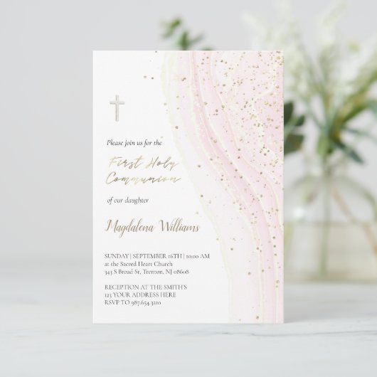 パステルピンクインク及びフェイクグリッター | 第一聖餐式 招待状 (スタンド正面)