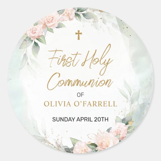 パステルピンクウォーターカラーフローラファーストホーリーコミュニオン ラウンドシール (正面)
