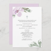 パステルピンクウォーターカラー花模様ツインズバプテスマ 招待状 (正面/裏面)