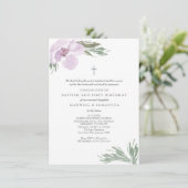 パステルピンクウォーターカラー花模様ツインズバプテスマ 招待状 (スタンド正面)