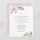 パステルピンクウォーターカラー花模様ツインズバプテスマ 招待状 (正面/裏面)
