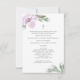 パステルピンクウォーターカラー花模様ツインズバプテスマ 招待状