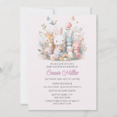 パステルピンクウッドランド動物ベビーシャワー 招待状 (正面)