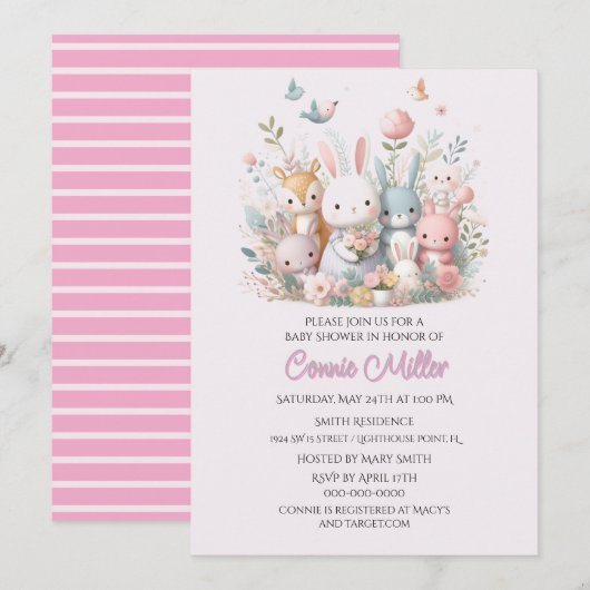 パステルピンクウッドランド動物ベビーシャワー 招待状 (正面/裏面)