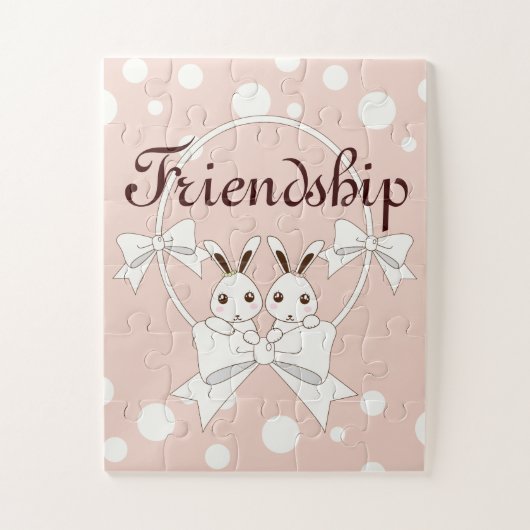 パステルピンクオフホワイトリボンかわいいツインバニーキッズ ジグソーパズル (縦)