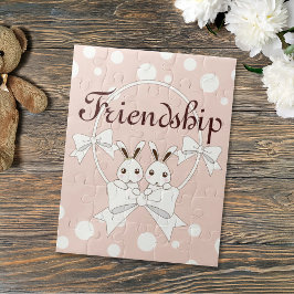 パステルピンクオフホワイトリボンかわいいツインバニーキッズ ジグソーパズル