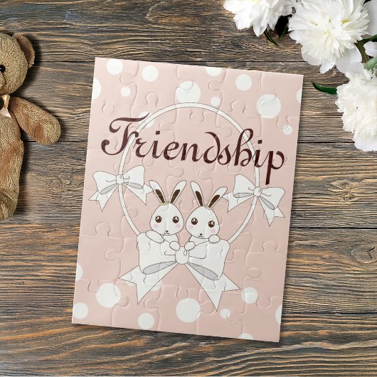 パステルピンクオフホワイトリボンかわいいツインバニーキッズ ジグソーパズル