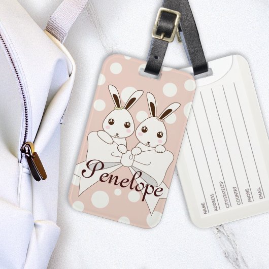 パステルピンクオフホワイトリボンかわいいツインバニーキッズ ラゲッジタグ