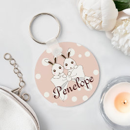 パステルピンクオフホワイトリボンかわいいツインバニー キーホルダー