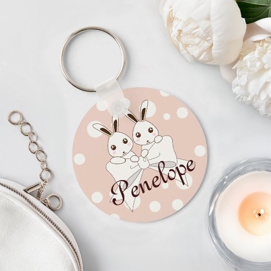 パステルピンクオフホワイトリボンかわいいツインバニー キーホルダー