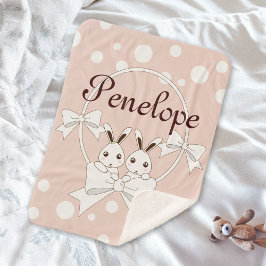 パステルピンクオフホワイトリボンと可愛いツインバニー シェルパブランケット