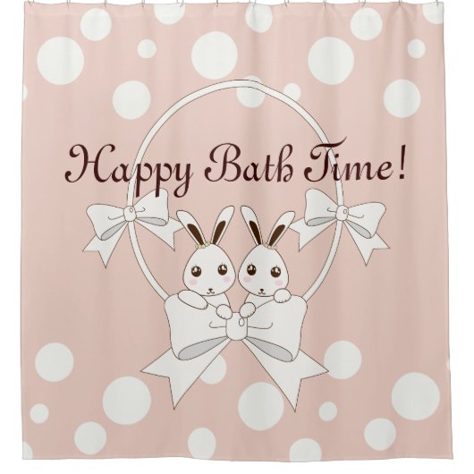 パステルピンクオフホワイトリボンと可愛いツインバニー シャワーカーテン (正面)