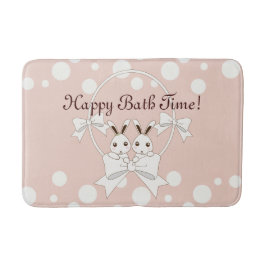 パステルピンクオフホワイトリボンと可愛いツインバニー バスマット
