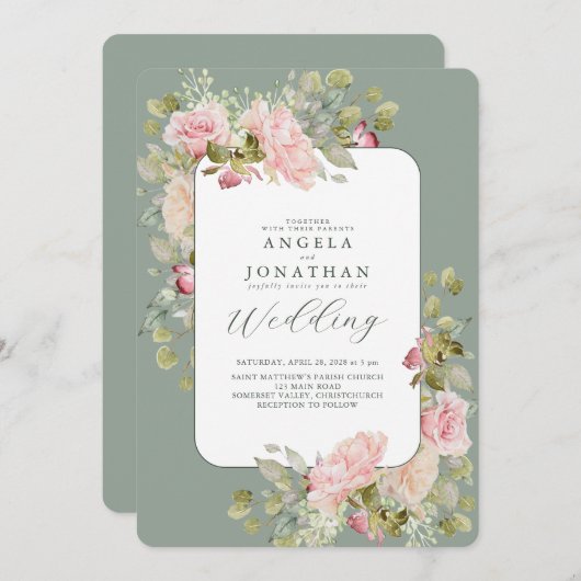 パステルピンクオリーブグリーン結婚式招待状 招待状 (正面/裏面)