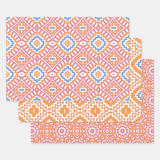 パステルピンクオレンジモロッコジオメトリックパターン ラッピングペーパーシート (セット)