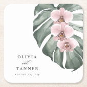 パステルピンクオーランズオンモンステラ結婚トロピカル スクエアペーパーコースター (正面)