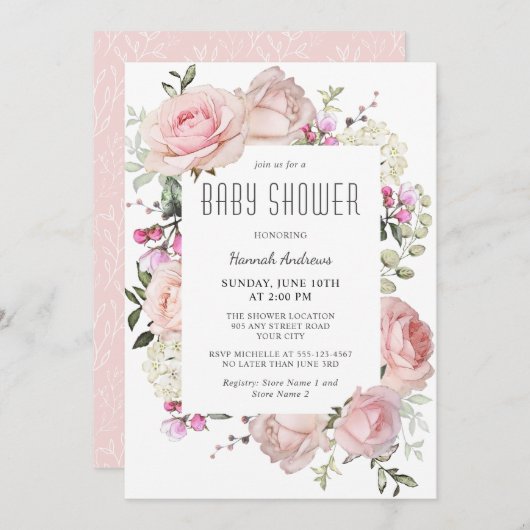 パステルピンクガーデンバラベビーシャワーfor girl 招待状 (正面/裏面)