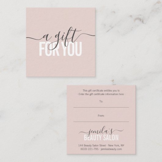 パステルピンクギフト証明書美しいサロンスクリプト 割引カード (正面/裏面)