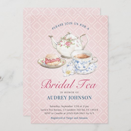 パステルピンククエレガントラスブライダルシャワーハイティー 招待状 (正面/裏面)