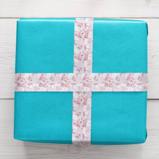 パステルピンククリスマスウォーターカラー雪だるま サテンリボン