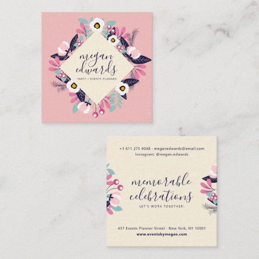 パステルピンククリームスクリプトボホフローライラストレーション スクエア名刺 (正面/裏面)