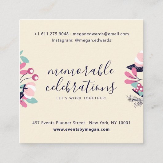 パステルピンククリームスクリプトボホフローライラストレーション スクエア名刺 (裏面)