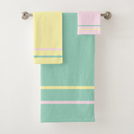 パステルピンククリームティール（緑がかった色）幾何ストライプ バスタオルセット