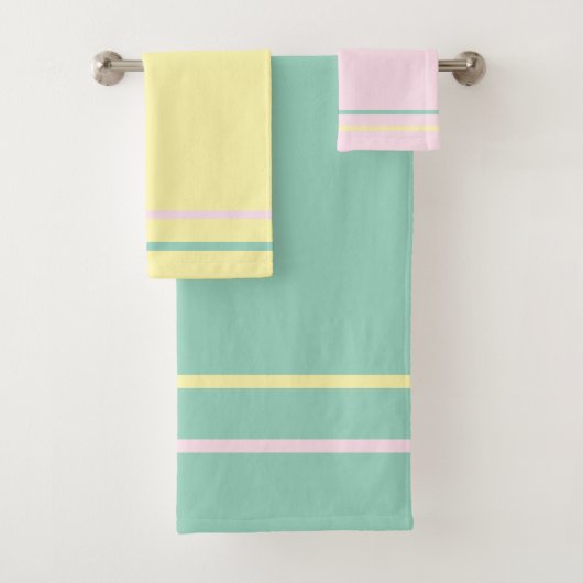 パステルピンククリームティール（緑がかった色）幾何ストライプ バスタオルセット (インサイチュ)