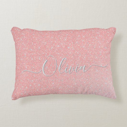 パステルピンクグリッタースパークル名前をカスタムする アクセントクッション (正面)